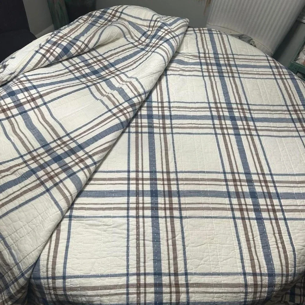 White Blue Plaid Quilt with Brown Stripes Reversible Farmhouse Bedding